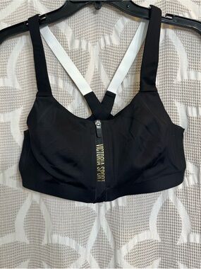 Victoria Sport Black Front-Zip Sports Bra with White Cross-Back Straps